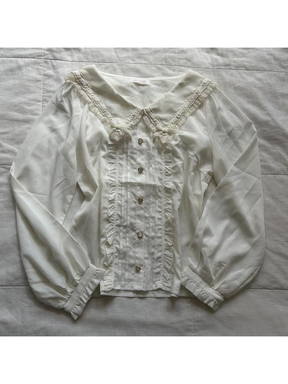 LIZ LISA Ivory White Sailor Collar Blouse Lace Ribbon Bow Pintuck Ruffle S
